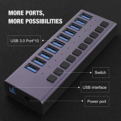 USB 3.0 Hub-10 Ports Powered USB Hub 60W USB Charging Hub with Individual  On/Off Switches and 12V/4A Power Adapter and Light for PC, Laptop,  Computer, Mobile HDD, Flash Drive and More(Purple) 
