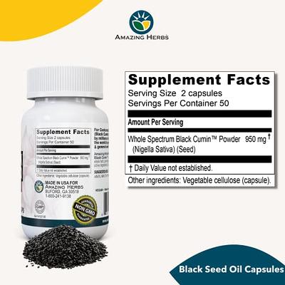 Amazing Herbs Premium Black Seed Oil Capsules - 1250mg per Capsule, High  Potency, Cold Pressed Nigella Sativa Aids in Digestive Health, Immune  Support