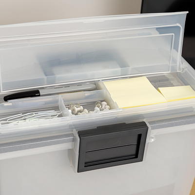 Storex 61511U01C Clear Plastic Portable Letter / Legal File Storage Box  with Organizer Lid - 14 1/2 x 10 1/2 x 12