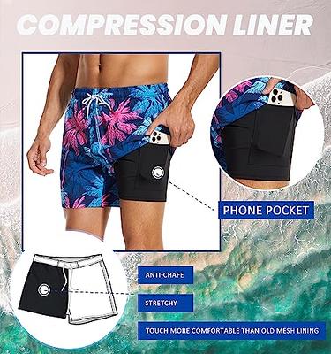 Aueyan Palm Tree Swim Trunks Men 5 Inch Compression Liner Swim