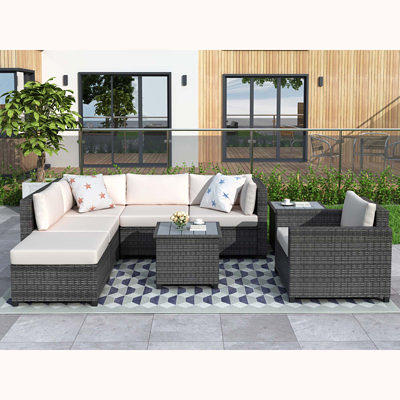 Rohando Stripe Outdoor/Indoor 2-Piece Deep Seat Cushion Set for Patio Furniture, Natural Grey Latitude Run Fabric: Gray