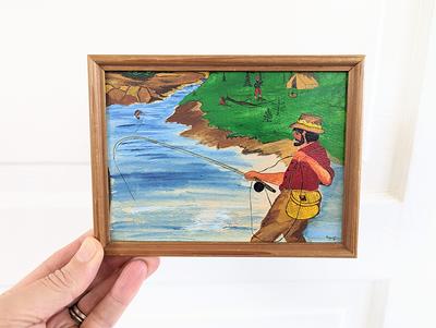 Vintage Fly Fishing Painting, Camping Painting For A Cabin, Stream