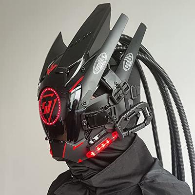 LIGUOGUO Light Up Black White Punk Mask with Braids LED Glowing Punk Mask  Cosplay for Men Futuristic Techwear Mask Full Face Mask Halloween Cosplay