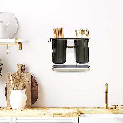 Plastic Kitchen Utensils Holder with Metal Frame Countertop Wall Mounted  Cutlery Storage Rack with Drain Tray Silverware Caddy