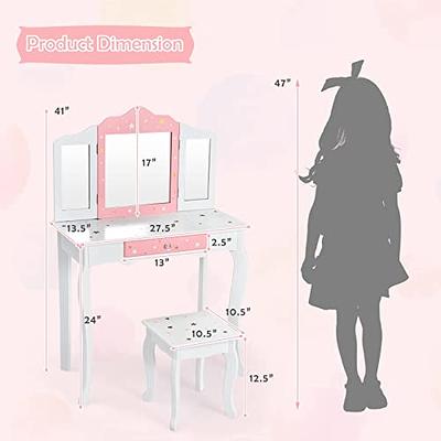 JOYMOR Kids Vanity Set Vanity Table-Tri Folding Mirror Wooden Princess  Makeup Table with Stool