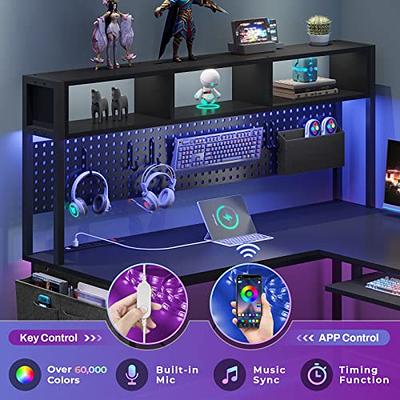 SEDETA Gaming Desk, 55 Computer Desk with Hutch and Shelves, LED Lights,  Pegboard and Monitor Shelf, Large PC Gamer Desk Workstation for Home  Office