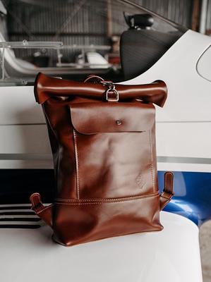 Minimalist Leather Roll Top Backpack, Custom Brown Rucksack For