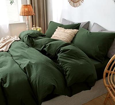 MooMee Bedding Duvet Cover Set 100% Washed Cotton Linen Like Textured  Breathable Durable Soft Comfy (Forest Green, Queen)