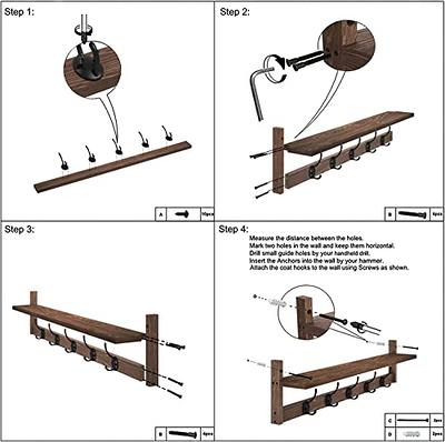 BAMEOS Wall Hooks with Shelf 28.9 Inch Length Entryway Wall Hanging Shelf  Wood Coat Hooks for Wall with Shelf Wall-Mounted Coat Hook Rack with 5 Dual