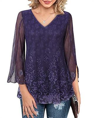 Elegant Solid Round Neck Top 3/4 Sleeve Lilac Purple Plus Size Blouses  (Women's)