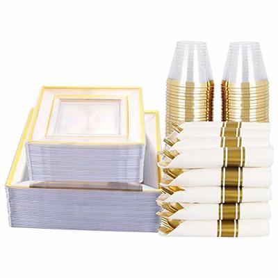WELLIFE 350 Pieces Gold Plastic Dinnerware,Disposable Gold Lace Plates,  Include:50 Dinner Plates,50 Dessert Plates, 50 Pre Rolled Napkins with Gold