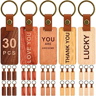 Ecally 48 Pcs Wooden Keychain Blanks Leather Strap Wood Keychain