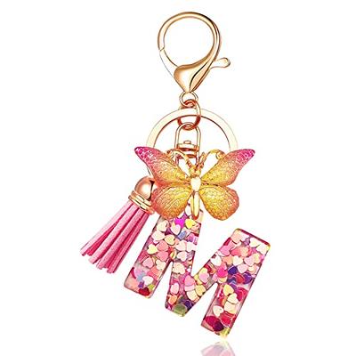 JINGUAZI Backpack Keychains Gifts for Women Initial Letter Keychain for Cute Car Key White Pink Tassel Bling Crystal Shiny