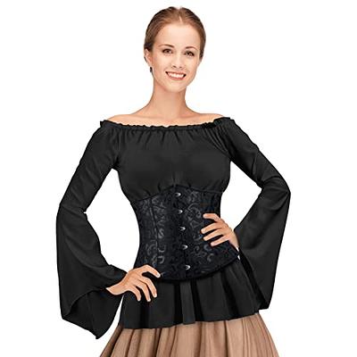  Womens Renaissance Blouse Pirate Shirt Underbust Corset  Medieval Tops with Bustier for Halloween Pirate Costumes : Clothing, Shoes  