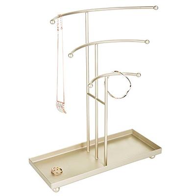 Tiered Brass Tone Metal Tabletop Jewelry Tower, Necklace Hanger, Earring  Organizer Rack with Ring Dish Tray