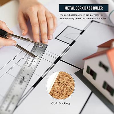 2 Pieces Metal Ruler Cork Backed Stainless Steel Rulers with Cork Backing  Non Slip Straight Edge Measuring Device Tool for Student Back to School