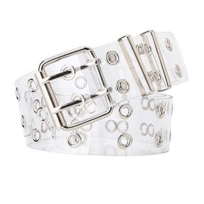 Double Grommet Belt for Women Men PU Leather Double Prong Buckle Vintage  Punk Jeans Belts White 