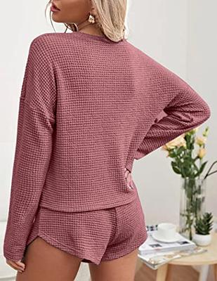 Ekouaer Womens Waffle Knit Pajamas Loungewear Two-piece Sleepwear  Button-Down Pj Set with Pockets