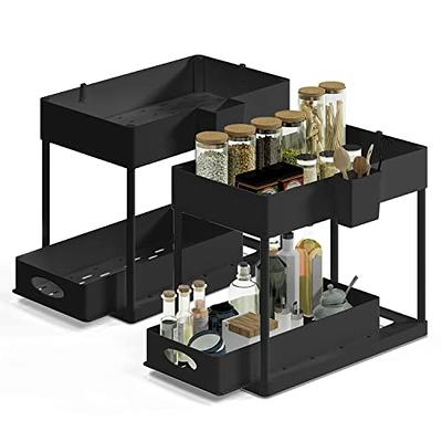 Storagebud 2 Tier Under Kitchen Sink Organizer with Sliding Drawer-Bathroom Cabinet Organizer with Utility Hooks and Side Caddy - 1 Pack - Black