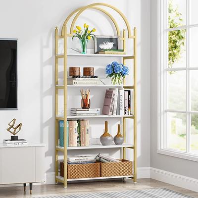 5 Shelf Etagere Arched Bookcase, 72Tall Metal Bookshelf with Wood Shelving, Gold / Black - 2 PC