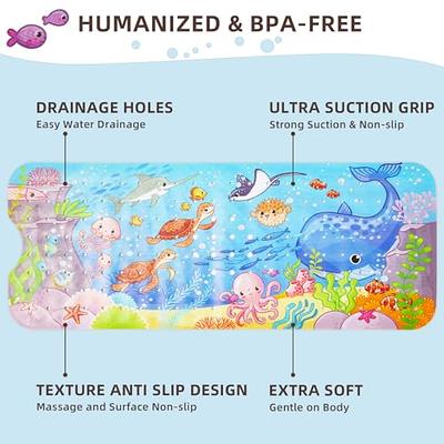 BEEHOMEE Cartoon Non Slip Bathtub Mat for Kids - 34x15 inch XL Large Size Anti Slip Shower Mats for for Toddlers Children Baby Floor Tub Mats (Blue