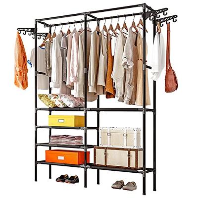 Closet Organizer Metal Garment Rack Portable Clothes Hanger Home Shelf  Black Heavy-Duty Standalone Wardrobe Organizer with Suspender Hanger and  Multiple Storage for Bedroom