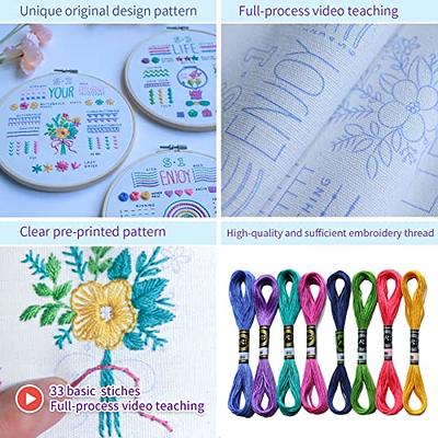 3 Pack Embroidery Kit for Beginners , Floral Plant Pattern,Cross Stitch  Kits Set , Including Stamped Embroidery Cloth with 3 Embroidery Hoops,  Color Threads and Tools (Flower)