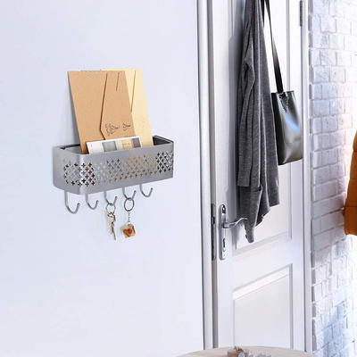 Mail Sorter Key Organizer Wall Mount, Metal Entryway Storage Organizer Basket with 5-Hooks for Coat, Keys (Set of 2)