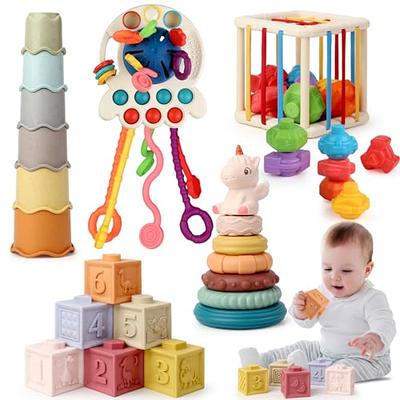 Baby Toys for 6 to 12 Months, Montessori Sensory Bins Toys for Toddlers  1-3, Pull String Teether Infants Bath Toys 6 in 1 Stacking Blocks Rings