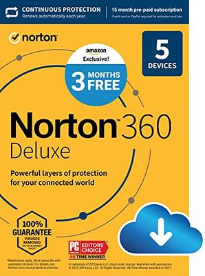  Norton 360 Deluxe, 2024 Ready, Antivirus software for 5 Devices  with Auto Renewal – 3 Months FREE – Includes VPN, PC Cloud Backup & Dark  Web Monitoring [Download] : Software