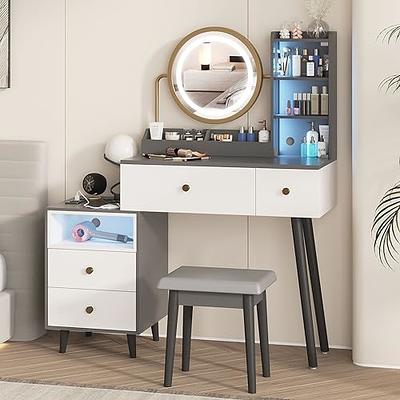 Vanity Table Set with Lighted Mirror & Stool, Makeup Vanity Desk with 4  Drawers