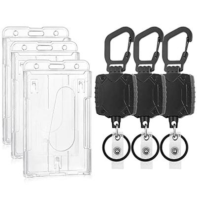 2 Pack Horizontal Lanyard ID Badge Holder with Clip, Carabiner Badge Reel,  24 Pull Cord – Heavy Duty – Clear Id Card Holder Retractable