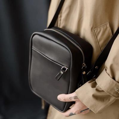 Mens Mini Messenger Bag. Black Leather Shoulder Bag 