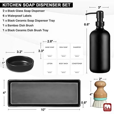 GMISUN Hand and Dish Soap Dispenser Set, 2 Pack Kitchen Soap Dispenser Set with Tray and Bamboo Dish Brush, 16 oz Thick Amber Glass Liquid Pump Bottle