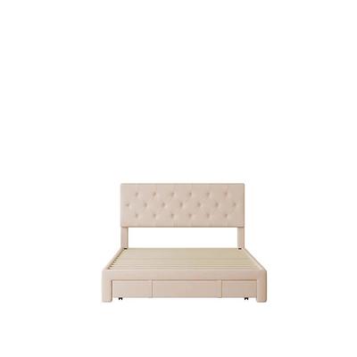 ATHMILE Beige Wood Frame Queen Velvet Upholstered Platform Bed with Drawer