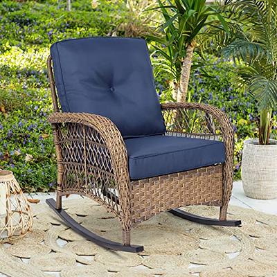 Btmway Indoor and Outdoor PE Wicker Outdoor Rocking Chair with Navy Blue Cushion, Rocker Recliner Chair for Porch, Patio Garden