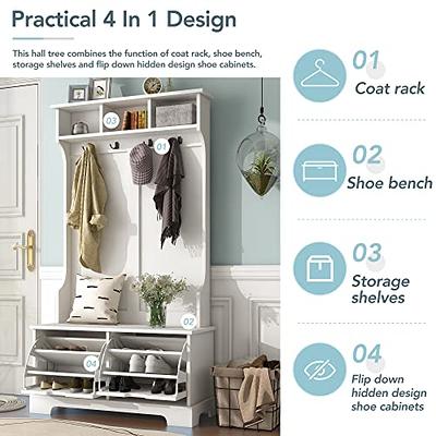 Entryway hall tree with coat rack 4 hooks and storage bench shoe cabinet  white - Yahoo Shopping