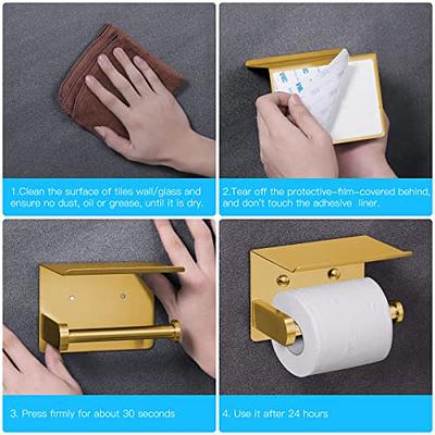 Toilet Paper Holder with Phone Shelf+ Two AdhesiveTowel Robe Hooks, Self  Adhesive or Screw Wall Mounted Toilet Paper Roll Dispenser, Rustproof