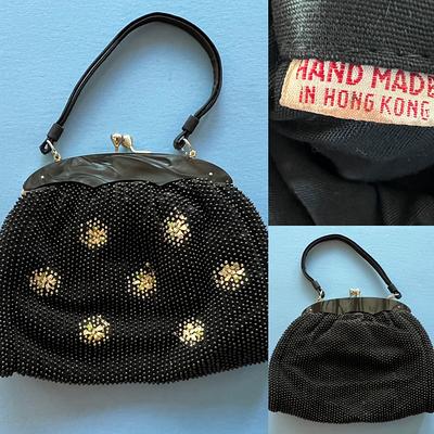 1960's Vintage Handbag ~ Embroidered Flowers On Black Beaded Purse