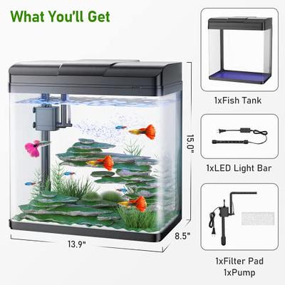 PONDON 5 Gallon Fish Tank, Glass Aquarium with Air Pump, LED Cool Lights  and Filter, Betta Fish Aquarium Starter Kit (Black) - Yahoo Shopping