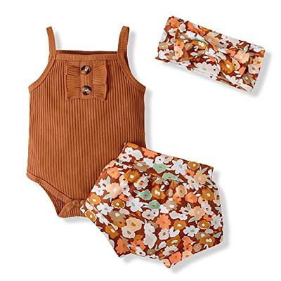 GRNSHTS Infants Baby Girls Summer Shorts Set Knit Sleeveless Romper Bodysuit+Floral  Bloomers+Headband Clothes Outfit (Brown, 3-6Months) - Yahoo Shopping