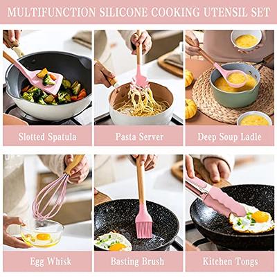 14 Pcs Silicone Cooking Kitchen Utensils Set with Holder, Wooden Handles BPA  Free Silicone Turner Tongs Spatula Spoon Kitchen Gadgets Utensil Set for  Nonstick Cookware (Pink)