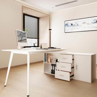 HOMCOM L-Shaped Home Office Writing Desk with Storage Shelf Drawer  Industrial Corner PC Study Table Computer Workstation Brown