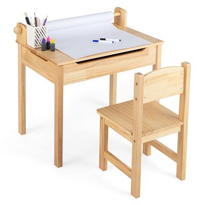 Costway Kids Art Table & Chairs Set Wooden Drawing Desk with