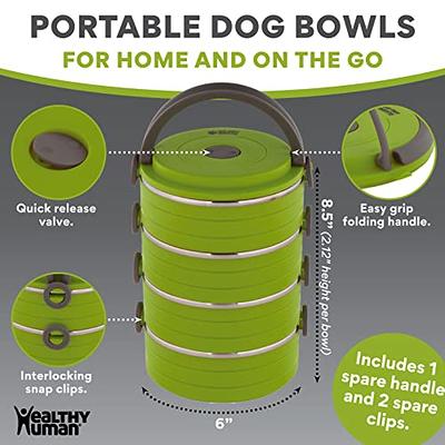 Healthy Human Travel Dog Bowls, Stainless Steel Portable Bento Bowls,  Interlocking Set of 2 Bowls with Spare Clips and Handle, Ideal for Small to