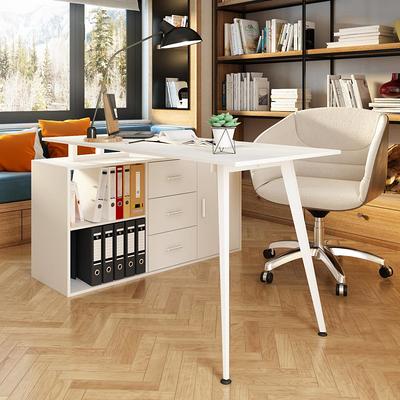 FUFU&GAGA 63 in. W-28.7 in. H White Computer Desk with 3-Drawers, 1-Storage Cabinet and 2-Adjustable Shelves