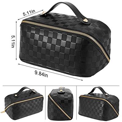  SOIDRAM Large Capacity Travel Cosmetic Bag Makeup Bag  Checkered Leather Makeup Bag Organizer Women Portable Toiletry Bag Flat Lay  Everything Cosmetic Bag Black : Beauty & Personal Care