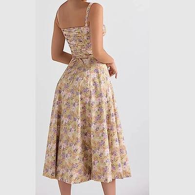 Leivere Floral Bustier Midriff Waist Shaper Dress, Square Neck Low