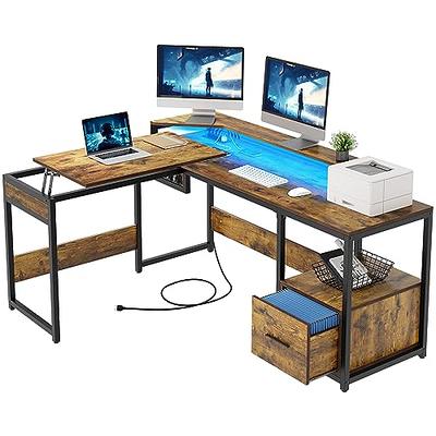 Yitahome  55 Inch L Shaped Corner Computer Desk With Power Outlet And Led  Light And File Cabinet