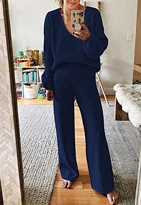  Womens 2 Piece Outfits Sweater Lounge Set V Neck Knit Top  Wide Leg Pants Sweatsuit Dark Blue M